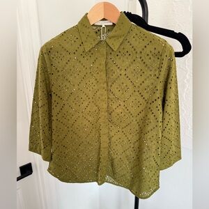 Green Eyelet Blouse 3/4 Sleeve From Zara. New!